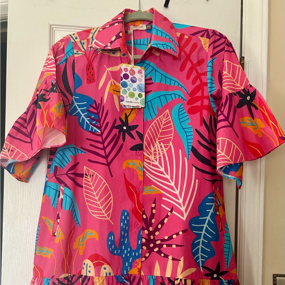 Zara Vibrant Pink Leaf Print Dress